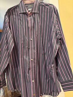 Thomas Dean Black Dress Shirt with Pink and White Stripes